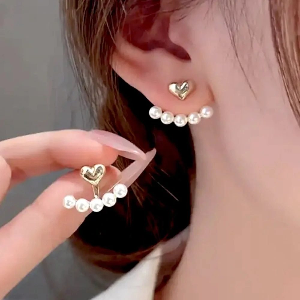 "I'm Yours" Pearl Gold Heart Minimalist Tiny Small Dainty Gift Climber Earring - Picture 1 of 6